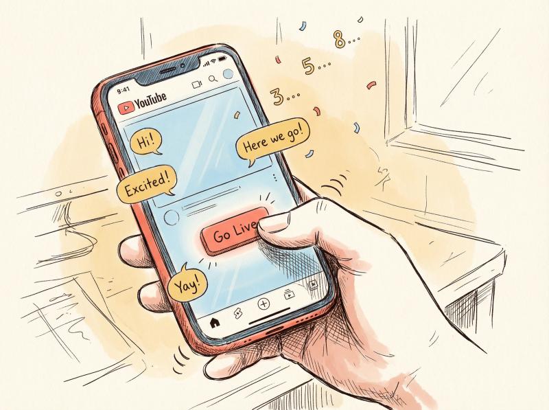 Hand-drawn illustration showing a creator enthusiastically tapping 'Go Live' on their phone with chat bubbles and viewer icons appearing