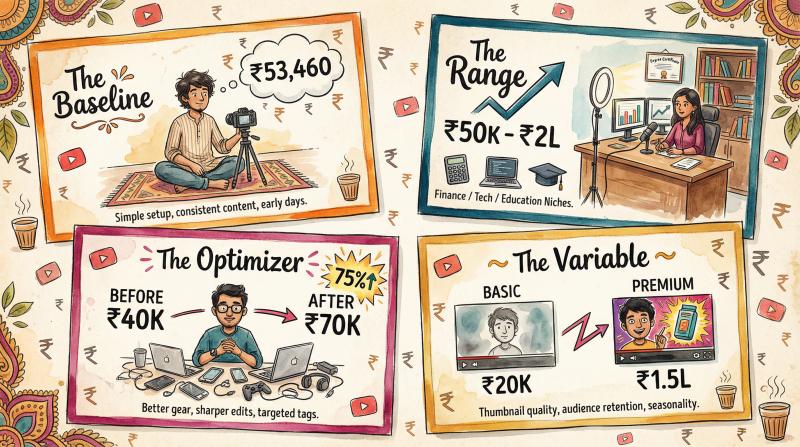 Hand-drawn illustration showing four Indian YouTuber earnings examples with rupee amounts from 50K to 2 lakh for 1 million views