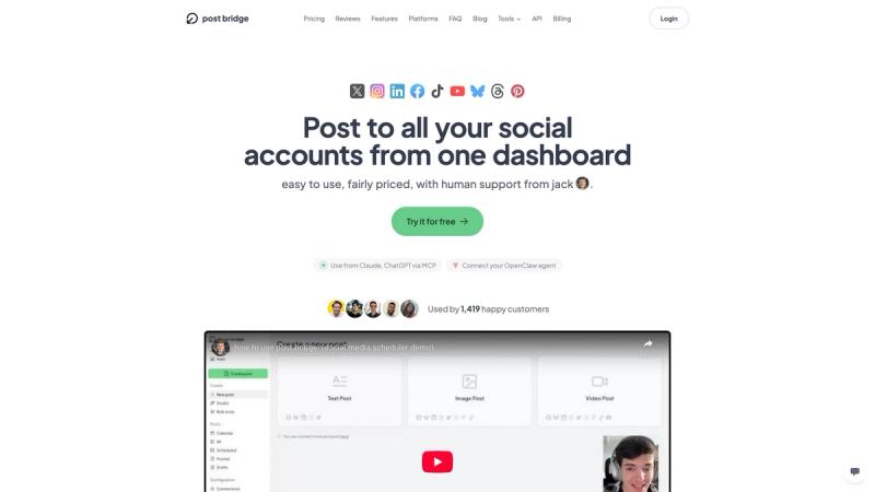 Post Bridge homepage showing multi-platform social media scheduler with connections to TikTok, YouTube, Instagram, Facebook, LinkedIn, Twitter, Pinterest, Threads, and Bluesky