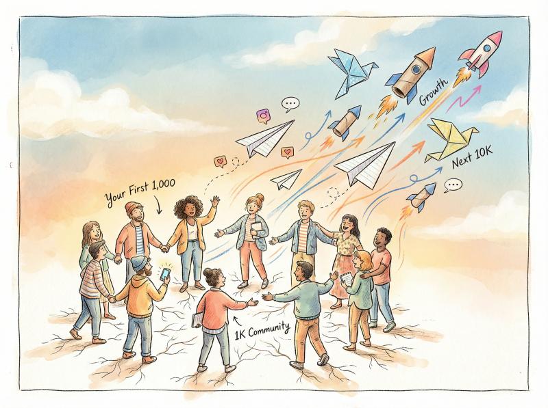 Hand-drawn illustration showing people gathered in a warm circle forming a community, with paper airplanes and rockets launching upward representing growth