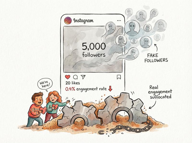 Hand-drawn illustration showing engagement rate plummeting from fake followers with ghosted profile avatars and tumbling metrics