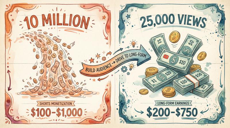 Hand-drawn split illustration comparing YouTube Shorts low RPM with viral reach to long-form content higher earnings