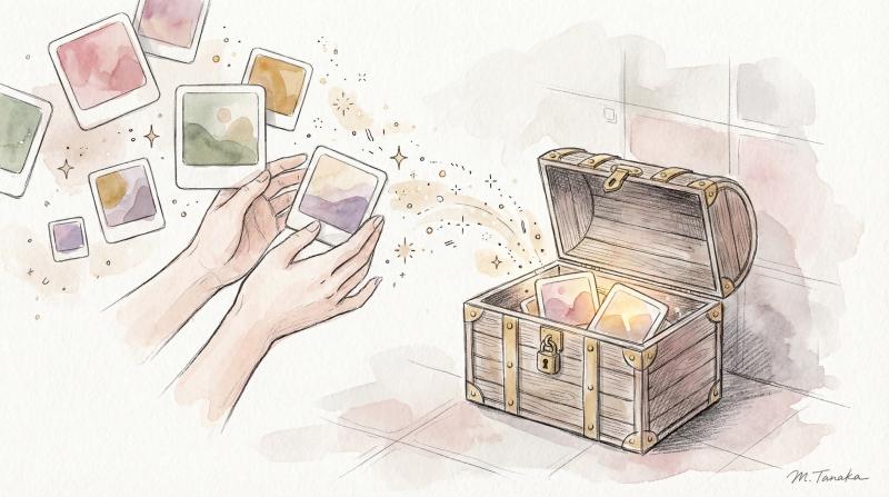 Hand-drawn watercolor illustration of Instagram posts being gently moved into a treasure box, symbolizing archiving