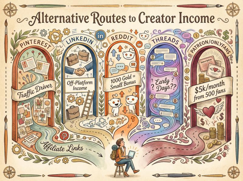 Hand-drawn illustration of alternative monetization platforms as creative pathways with artistic flair