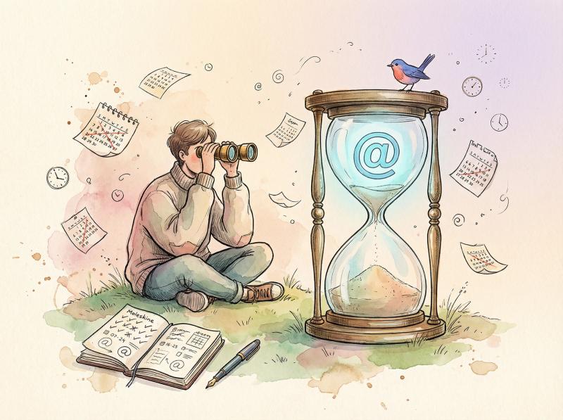 Hand-drawn illustration of a patient figure with binoculars watching an hourglass containing a glowing username symbol, with calendar pages floating around