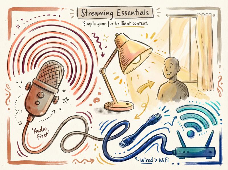 Hand-drawn illustration showing essential streaming equipment: microphone, lighting setup, and internet connection symbols
