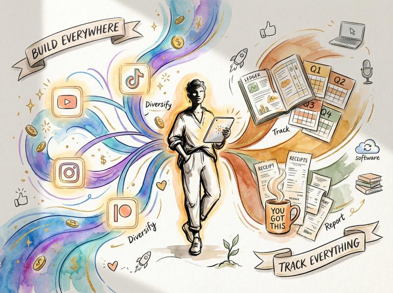 Hand-drawn illustration of creator navigating multi-platform earnings and business responsibilities with confidence