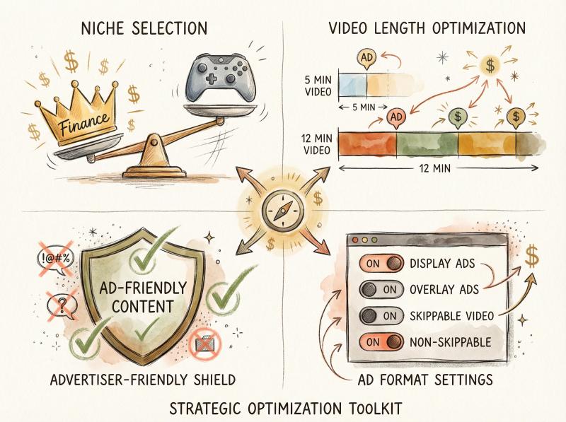 Hand-drawn illustration showing four strategic optimization paths for YouTube creators: niche selection, video length, advertiser-friendly content, and ad format settings