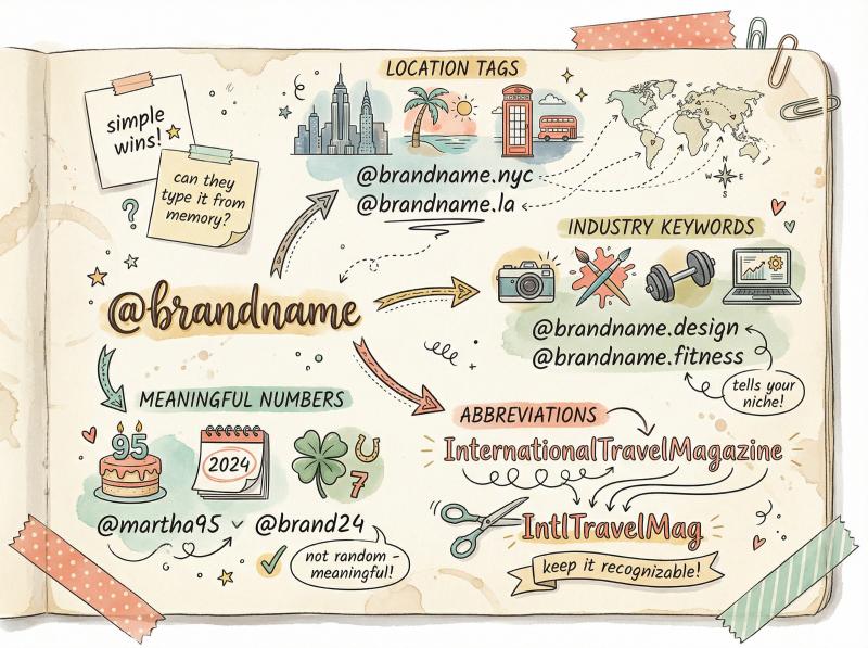Hand-drawn sketchbook illustration showing creative Instagram username variations with location tags, industry keywords, abbreviations, and meaningful numbers