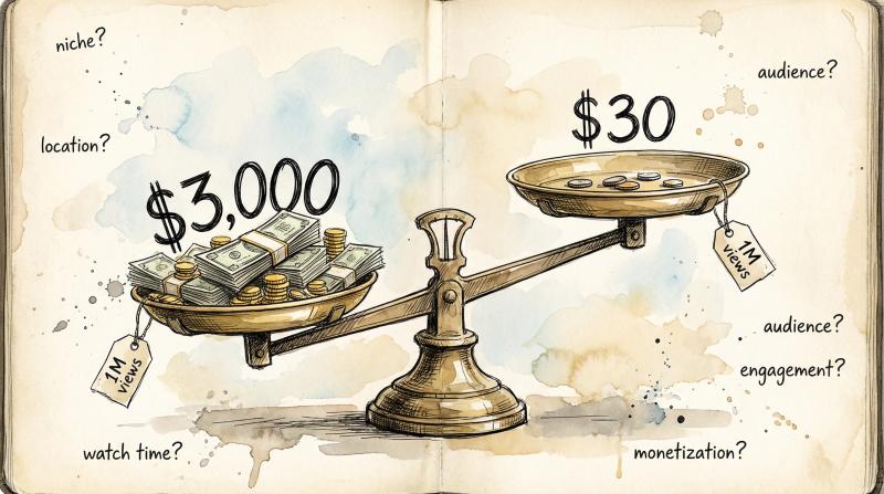 Hand-drawn watercolor balance scale showing TikTok earnings disparity with $30 versus $3000 for same million views