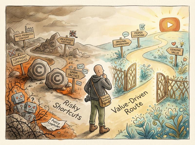 Hand-drawn editorial illustration showing a YouTube creator navigating a winding path between risky shortcuts and safe policy-compliant content creation