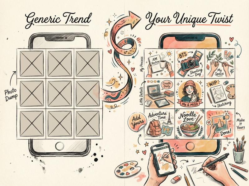 Hand-drawn illustration showing creative transformation of generic Instagram trends into personalized content