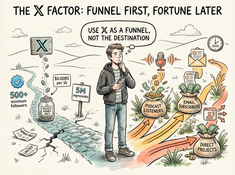 Hand-drawn editorial illustration of a creator at a crossroads choosing between X/Twitter's small coins and larger revenue streams from podcasts and newsletters