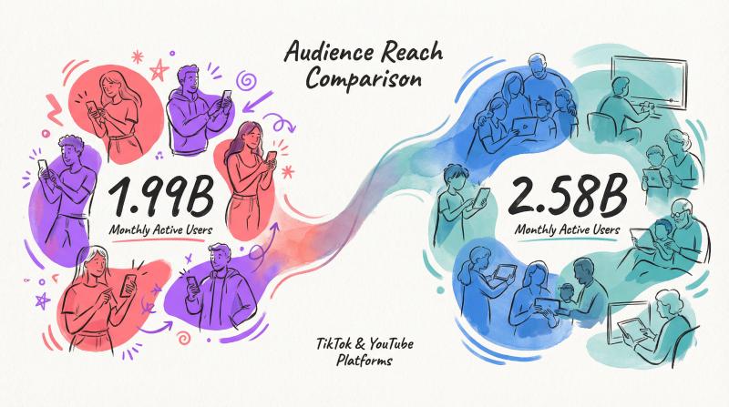 Hand-drawn editorial illustration comparing TikTok and YouTube audience demographics with flowing organic shapes