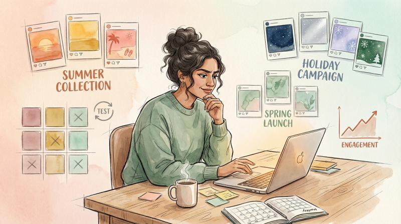 Hand-drawn illustration of content strategist planning Instagram Archive strategy with seasonal content rotation