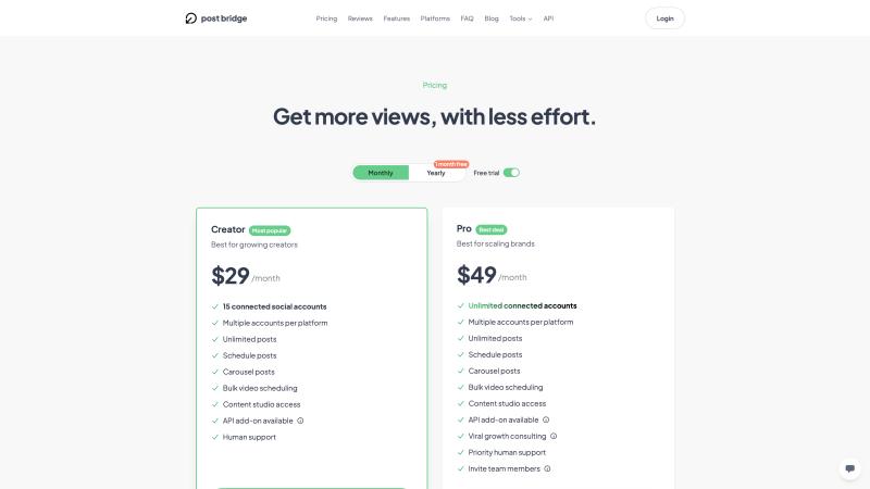 Post Bridge pricing page showing three tiers: Starter at $9/month for 5 accounts, Creator at $18/month for 15 accounts, and Pro at $27/month for 30 accounts
