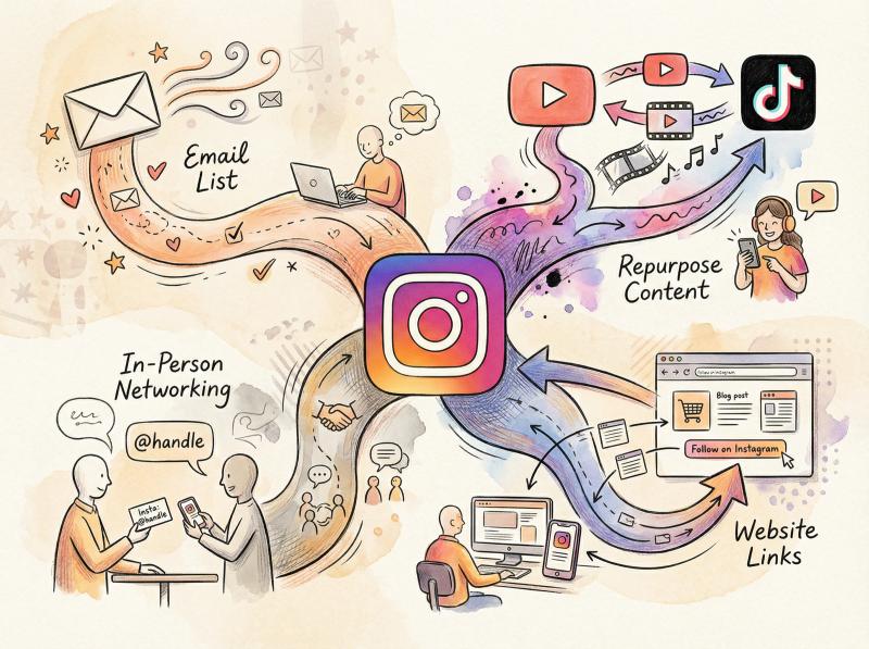 Artistic illustration of social media cross-promotion showing Instagram connecting to email, YouTube, TikTok, and in-person networking through warm hand-drawn bridges