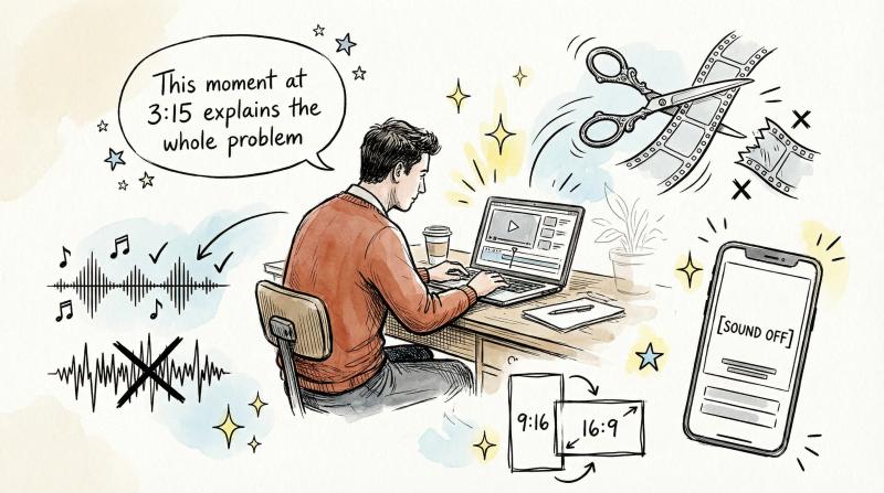 Hand-drawn editorial illustration of content creator surrounded by floating visual metaphors for pro clipping tips