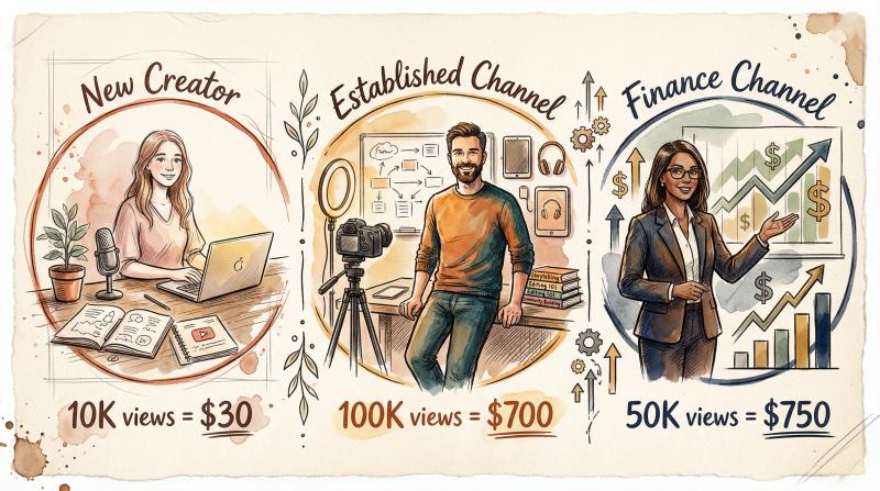 Hand-drawn illustration showing three YouTube creator earnings scenarios with warm sketchy style