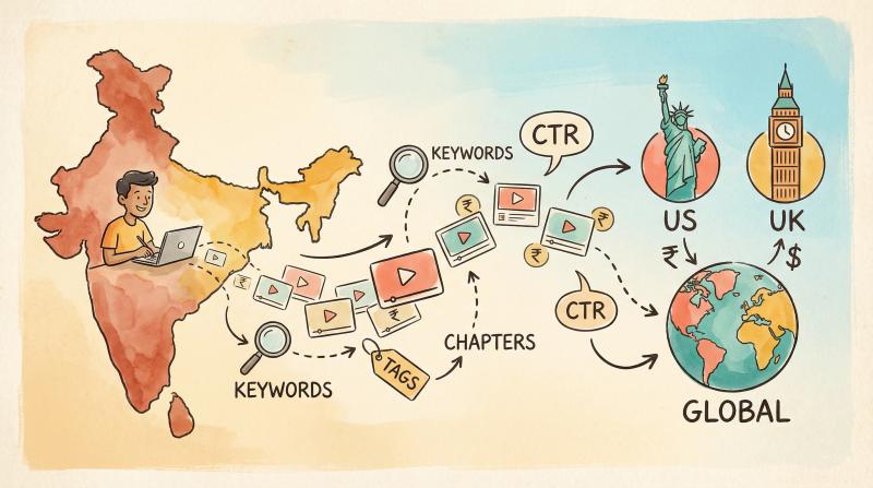 Hand-drawn illustration of YouTube SEO elements as a pathway from India to global viewership with floating tags and keywords