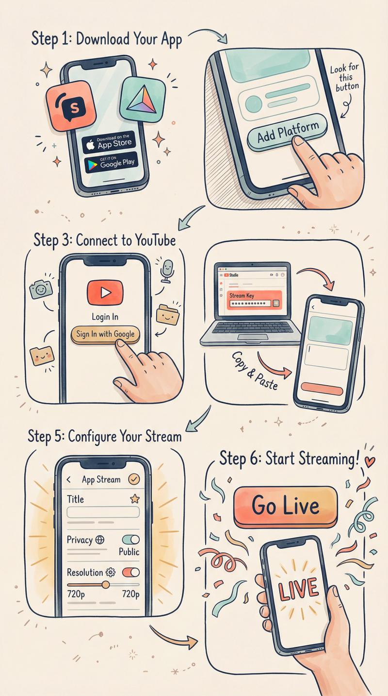 Hand-drawn illustration showing the step-by-step process of setting up a third-party streaming app on a smartphone