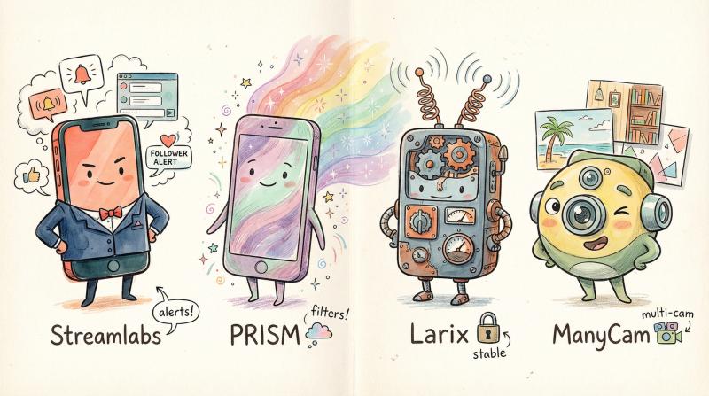Hand-drawn artistic comparison of four mobile streaming apps showing their unique features and personalities