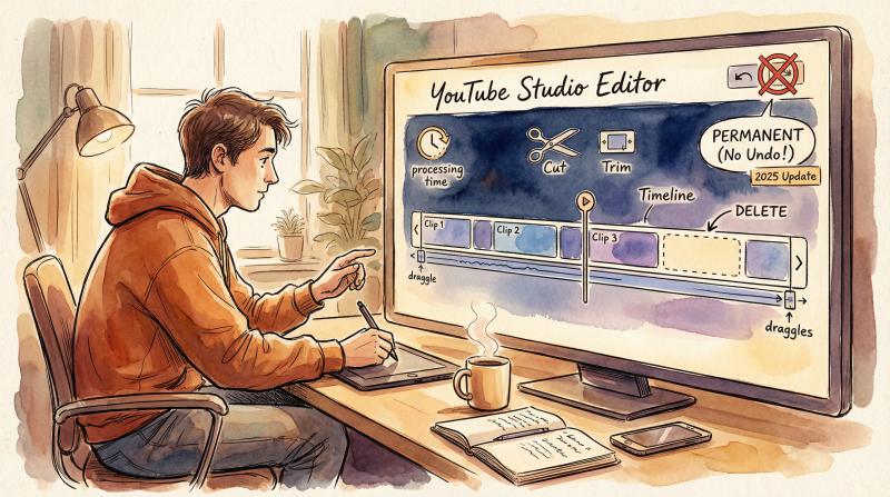 Hand-drawn illustration of creator editing video in YouTube Studio's timeline editor with trim tools