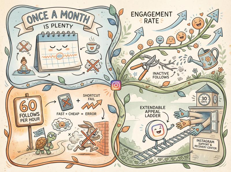 Hand-drawn illustration showing Instagram follower management wisdom: monthly calendar check, engagement rate graph trending up, speed limit sign showing 60 follows per hour, and emergency appeal rescue ladder