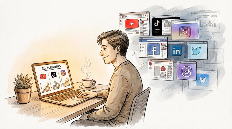 Hand-drawn editorial illustration of creator at clean workspace with unified analytics dashboard, fading platform chaos behind