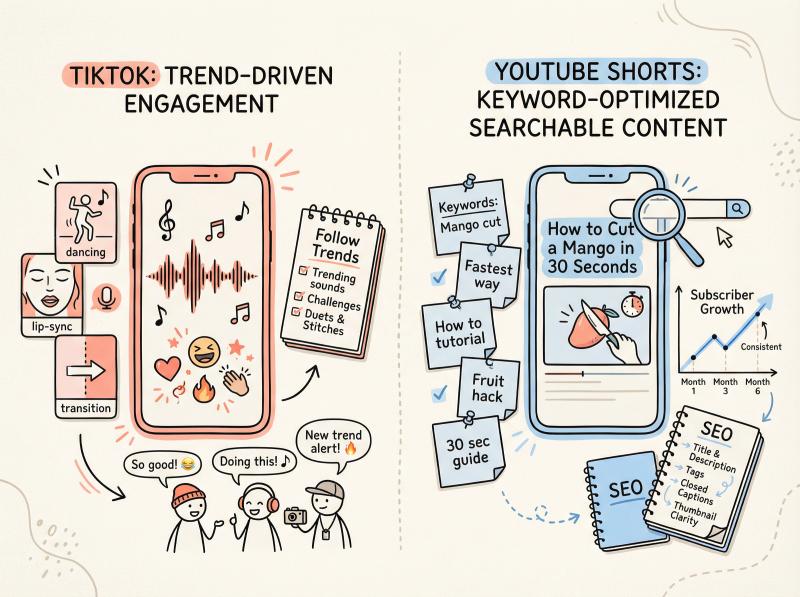 Hand-drawn split illustration showing TikTok beginner workspace on left (phone with trending sounds, quick video clips, community comments) and YouTube Shorts workspace on right (keyword research notebook, optimized titles, subscriber growth chart) in Notion-style minimalist line art with subtle pastel accents