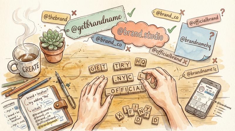 Hand-drawn illustration of a creative workspace with floating username variations and word tiles showing the brainstorming process