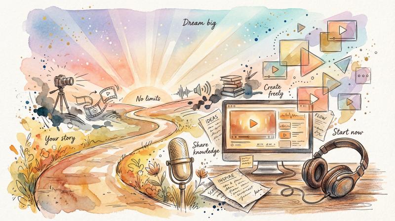 Artistic illustration of a creator's journey beginning, with paths leading to endless creative possibilities