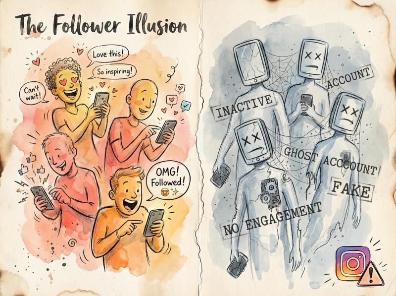 Hand-drawn illustration showing the contrast between fake bot followers and real engaged Instagram users