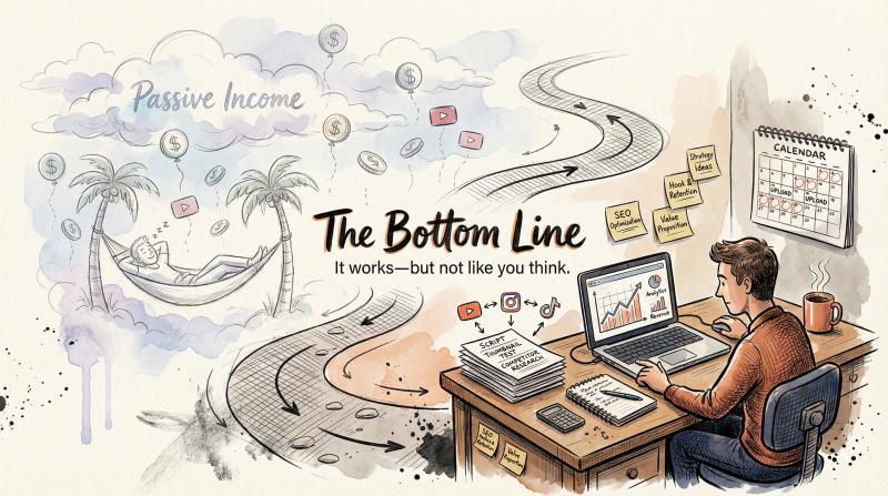 Hand-drawn editorial illustration contrasting YouTube automation fantasy vs. reality: dreamy passive income clouds versus grounded creator workspace