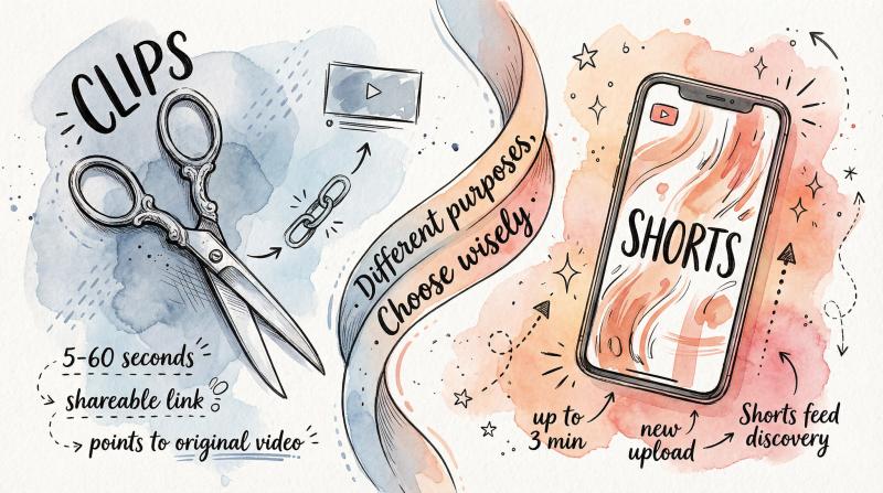 Hand-drawn artistic illustration comparing YouTube Clips and Shorts with scissors and phone icons