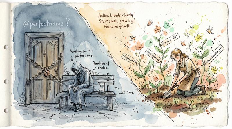 Hand-drawn illustration showing a person actively building their social presence with growing plants while another figure waits endlessly by a locked door