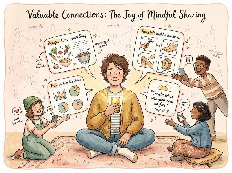Hand-drawn illustration showing people sharing and saving valuable Instagram content that solves real problems