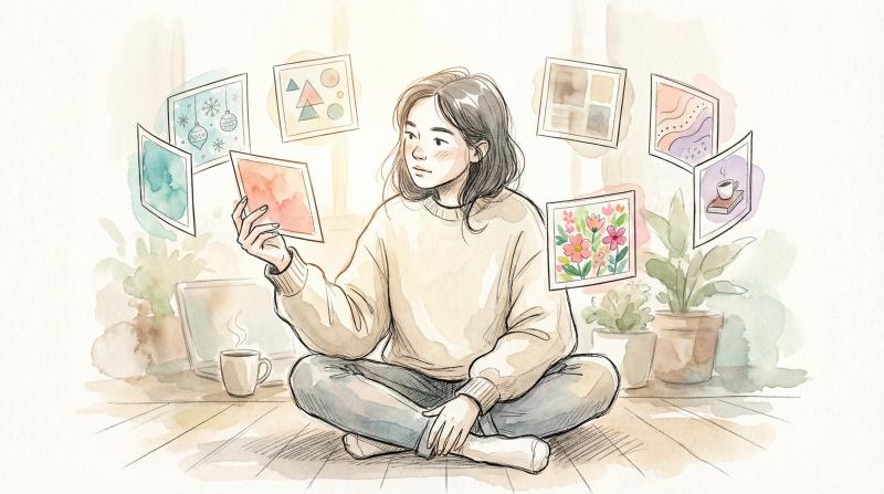 Hand-drawn watercolor illustration of person thoughtfully curating Instagram posts on a mood board