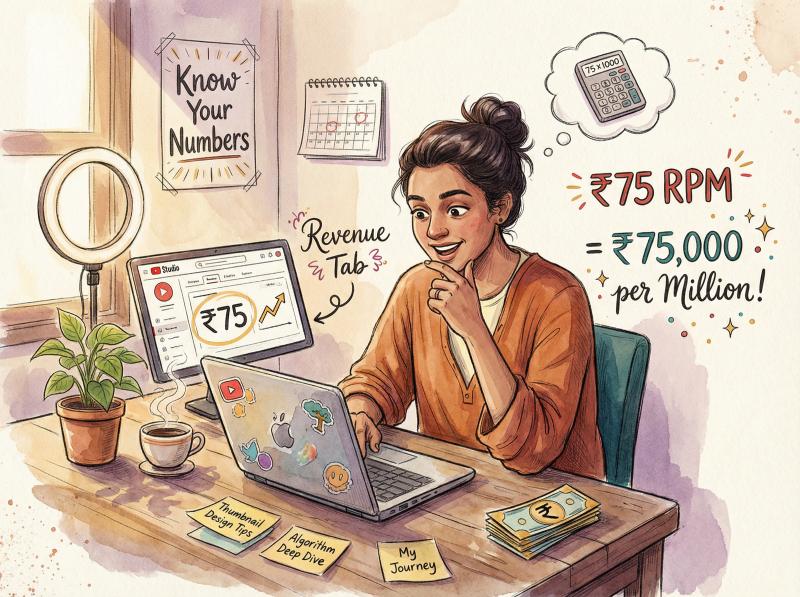 Hand-drawn illustration of Indian creator discovering their personal RPM earnings in YouTube Studio Analytics dashboard