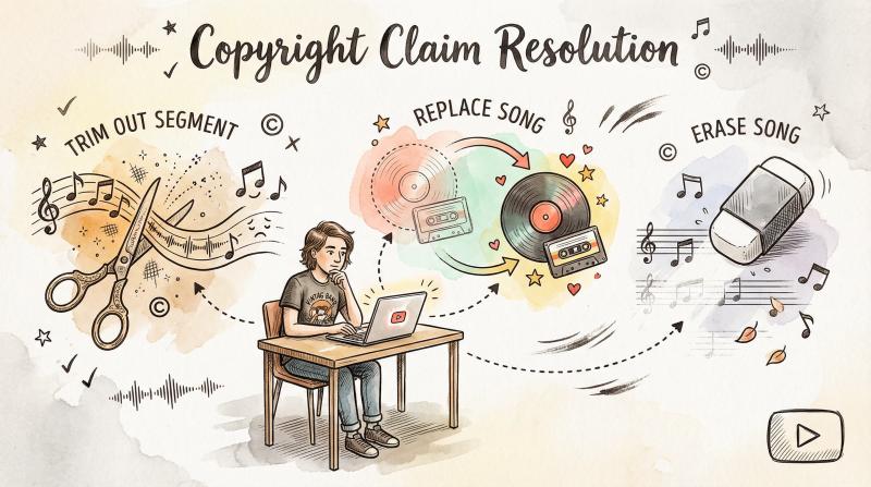 Hand-drawn artistic illustration of a creator resolving YouTube copyright claims through trim, replace, and erase options