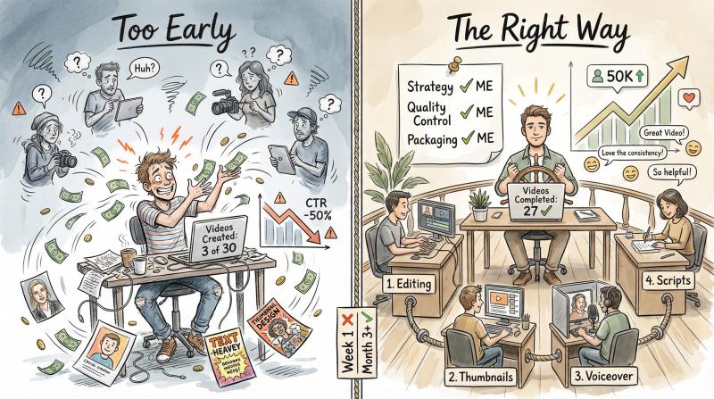 Hand-drawn editorial illustration comparing premature outsourcing (left: chaotic, money flying) vs strategic delegation (right: organized, milestone-based)