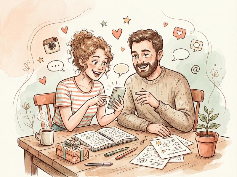 Hand-drawn illustration showing two Instagram creators warmly collaborating together with gift boxes and heart symbols