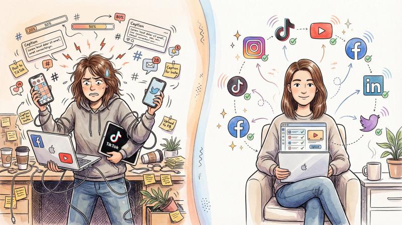 Hand-drawn illustration contrasting chaotic manual posting across multiple platforms with streamlined single-upload workflow