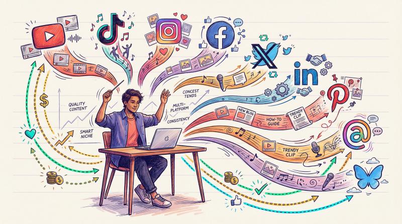 Hand-drawn illustration of creator orchestrating content across multiple social platforms with earnings flowing back