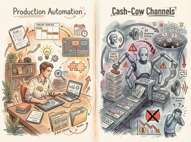 Hand-drawn editorial illustration comparing legitimate production automation versus problematic cash-cow YouTube channels