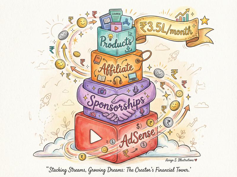 Hand-drawn illustration of creator income sources stacking into a colorful tower totaling 3.5 lakhs monthly