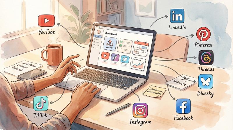 Hand-drawn artistic illustration of a content creator's workflow connecting to nine social media platforms through Post bridge dashboard