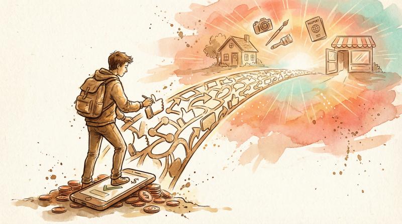 Hand-drawn illustration of a creator building a bridge from small coins toward luminous dreams and possibilities on the horizon