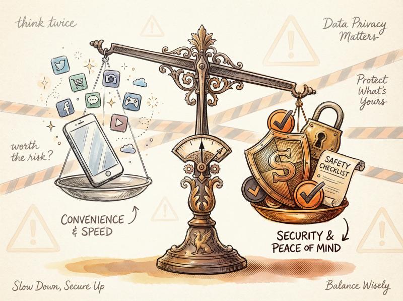 Hand-drawn balance scale showing app convenience versus security risk, with safety symbols outweighing smartphone icons