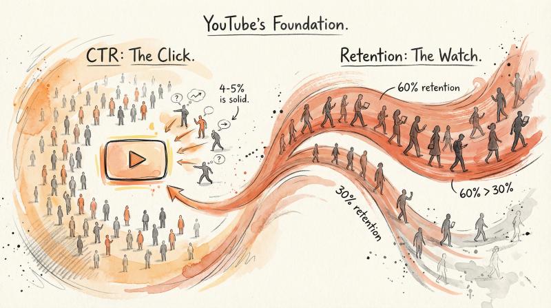 Hand-drawn editorial illustration showing YouTube's two key algorithm signals: click-through rate and viewer retention